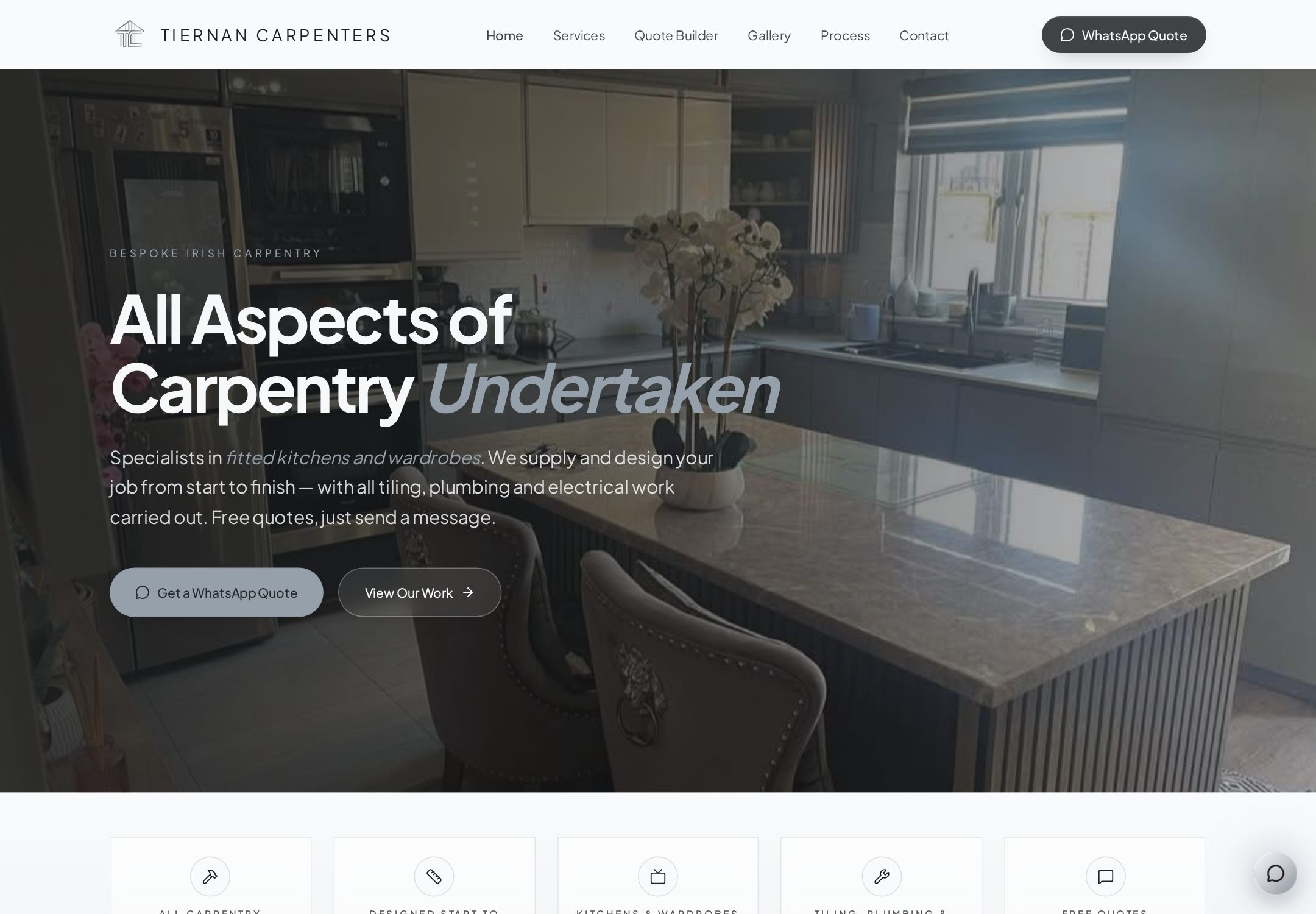 Tiernan Carpentry — Fitted kitchens & wardrobes. Live project designed and built by Emerald Sites.