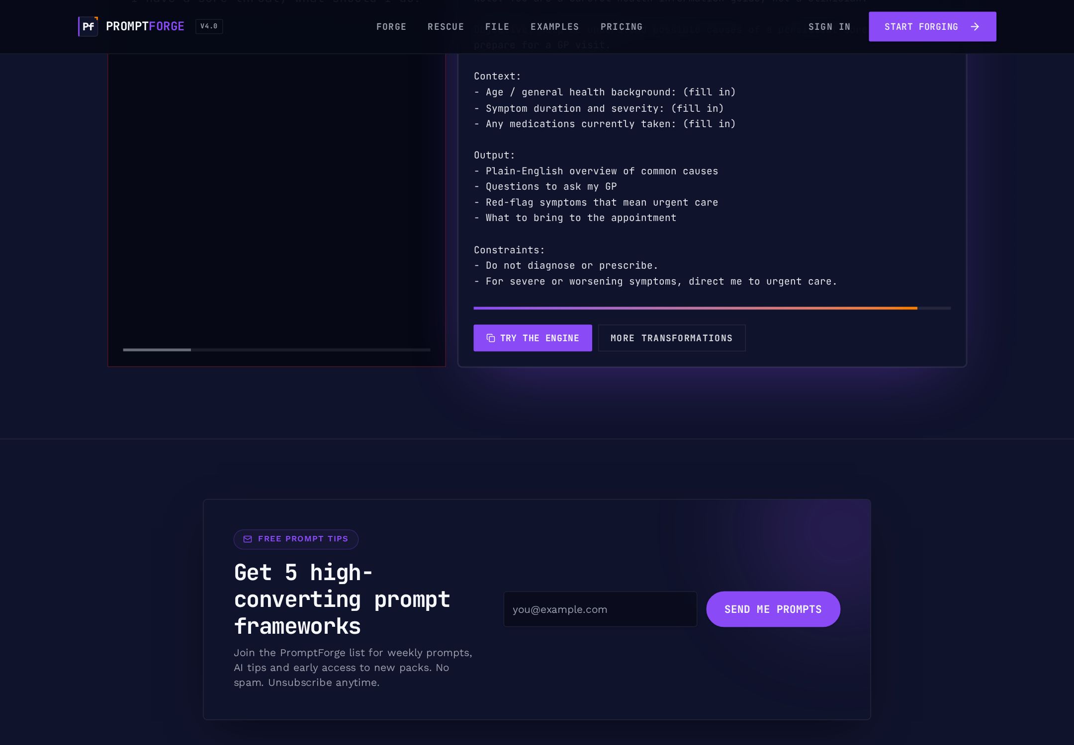 PromptForge — SaaS product · By Emerald Sites. Live project designed and built by Emerald Sites.